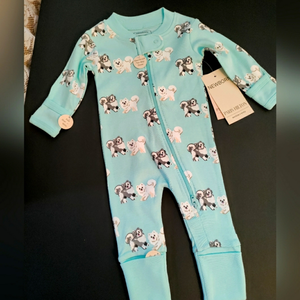 Baby Clothes Monica & Andy Romper Coverall 0-3 3-6 Mint Blue Dog Print .